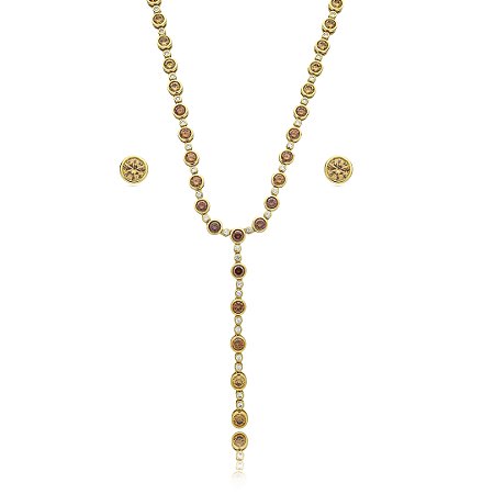 Conjunto riviera gravata de brinco e colar cravejado de zirconia citrino banho em ouro 18k