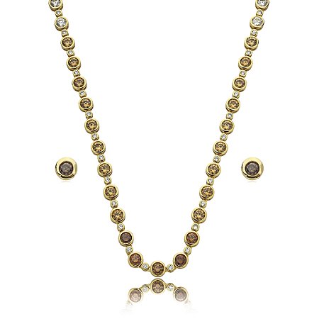 Conjunto riviera de brinco e colar cravejado de zirconia citrino banho em ouro 18k