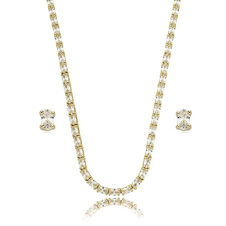 Conjunto riviera de brinco e colar cravejado de zirconia cristal banho em ouro 18k