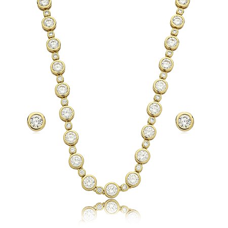 Conjunto riviera de brinco e colar cravejado de zirconia cristal banho em ouro 18k