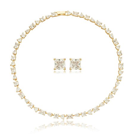 Conjunto riviera de brinco e colar cravejado de zirconia cristal banho em ouro 18k