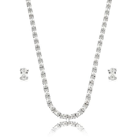 Conjunto riviera de brinco e colar cravejado de zirconia cristal banho em rodio branco