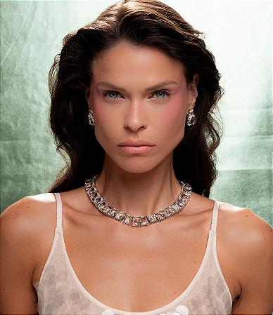 Conjunto riviera de brinco e colar cravejado de zirconia cristal banho em rodio branco