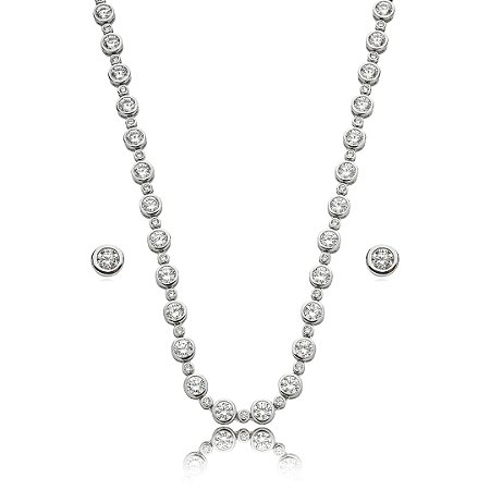 Conjunto riviera de brinco e colar cravejado de zirconia cristal banho em rodio branco