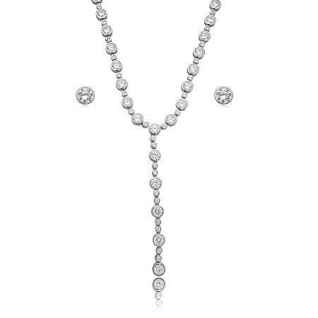 Conjunto riviera gravata de brinco e colar cravejado de zirconia cristal banho em rodio branco