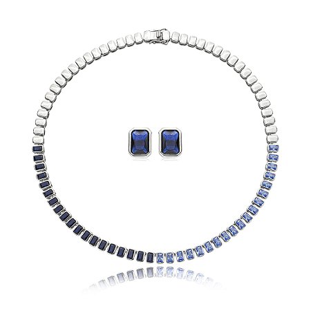 Conjunto riviera de brinco e colar cravejado de zirconia safira banho em rodio branco