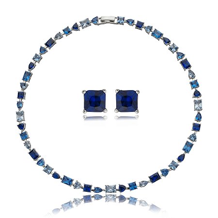 Conjunto riviera de brinco e colar cravejado de zirconia safira banho em rodio branco