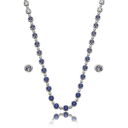 Conjunto riviera de brinco e colar cravejado de zirconia safira banho em rodio branco