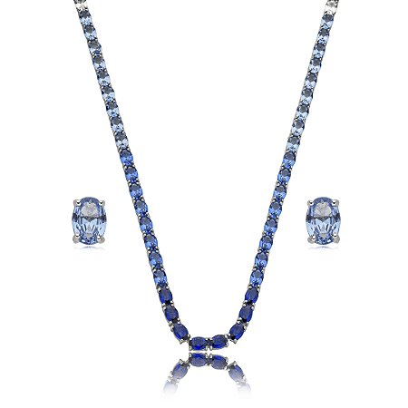Conjunto riviera de brinco e colar cravejado de zirconia safira banho em rodio branco