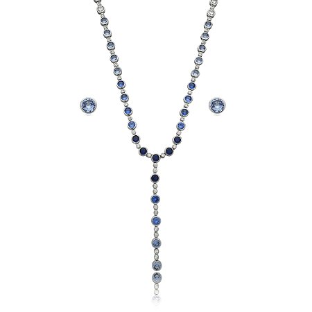 Conjunto riviera gravata de brinco e colar cravejado de zirconia safira banho em rodio branco