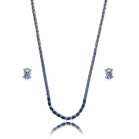 Conjunto riviera de brinco e colar cravejado de zirconia safira banho em rodio branco