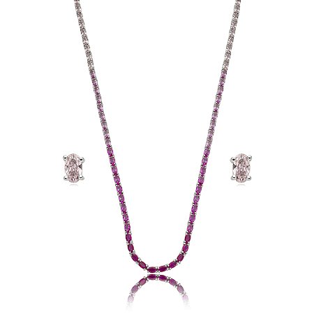 Conjunto riviera de brinco e colar cravejado de zirconia pink banho em rodio branco