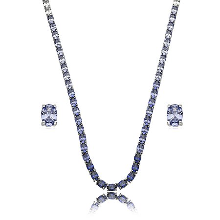 Conjunto riviera de brinco e colar cravejado de zirconia tanzanita banho em rodio branco