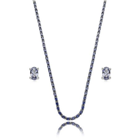 Conjunto riviera de brinco e colar cravejado de zirconia tanzanita banho em rodio branco