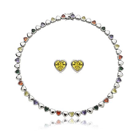 Conjunto riviera coração de brinco e colar cravejado de zirconia rainbow banho em rodio branco