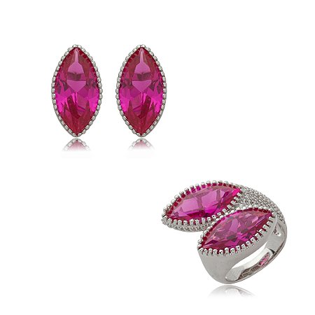 Conjunto de brinco e anel cravejado de zirconia pink banho em rodio branco