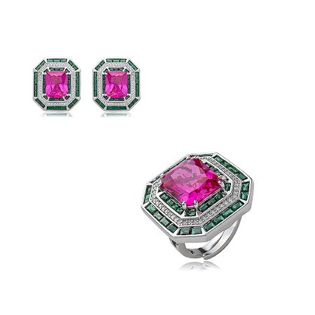 Conjunto de brinco e anel cravejado de zirconia pink banho em rodio branco