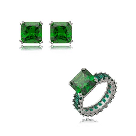 Conjunto de brinco e anel cravejado de zirconia esmeralda banho em rodio branco