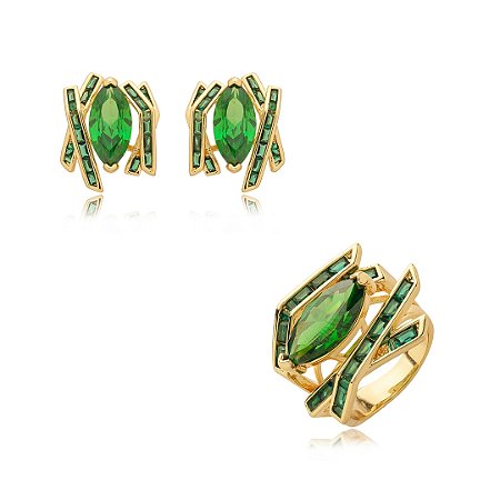 Conjunto de brinco e anel cravejado com zirconia esmeralda banho em ouro 18k