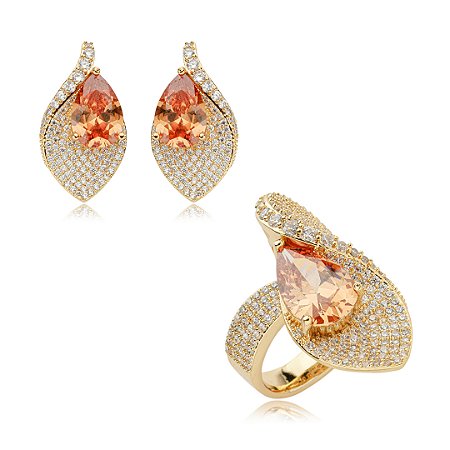 Conjunto de brinco e anel cravejado com zirconia morganita banho em ouro 18k