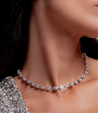 Colar riviera cravejado de zirconia cristal banho em rodio branco