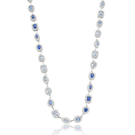 Colar riviera cravejado de zirconia safira banho em rodio branco