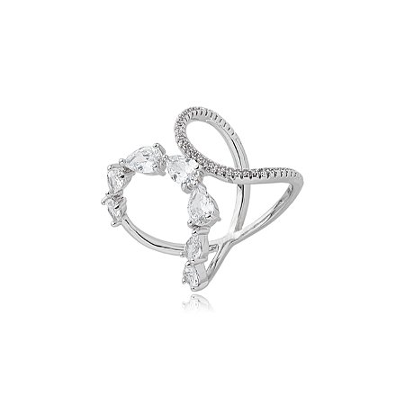 Anel cravejado de zirconia cristal banho em rodio branco