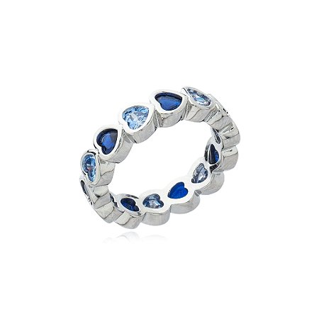Anel de coração cravejado de zirconia safira banho em rodio branco
