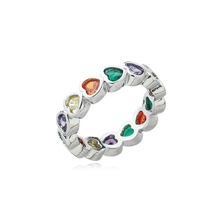 Anel de coração cravejado de zirconia rainbow banho em rodio branco