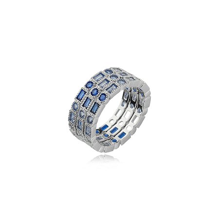 Trio de anel cravejado de zirconia safira banho em rodio branco