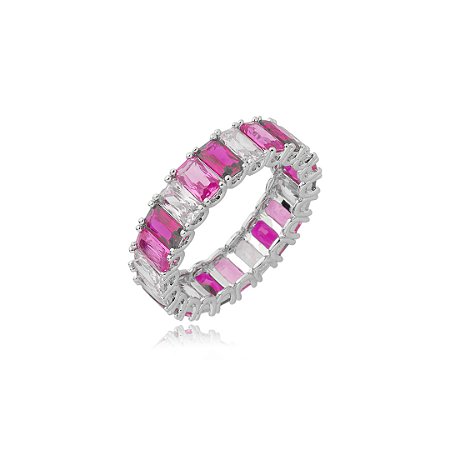 Anel cravejado de zirconia pink banho em rodio branco