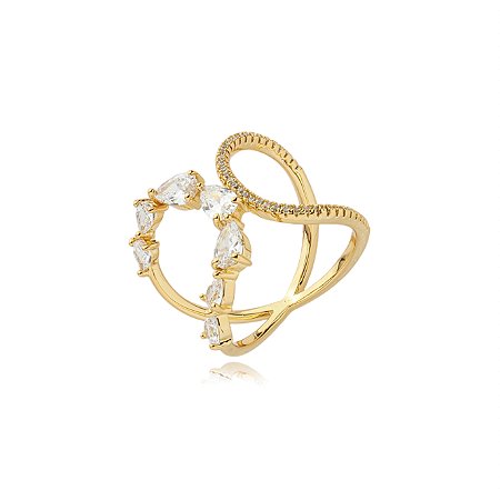 Anel dourado cravejado de zirconia cristal banho em ouro 18k