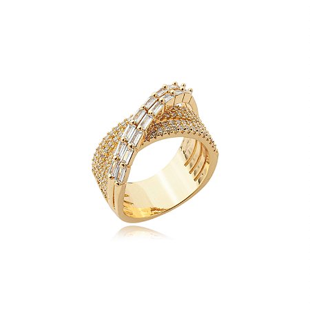 Anel dourado cravejado de zirconia cristal banho em ouro 18k