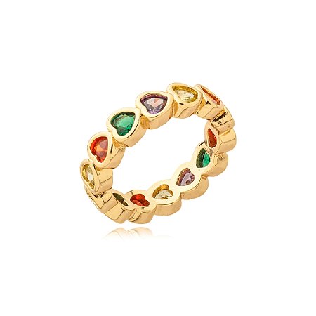 Anel de coração cravejado de zirconia rainbow banho em ouro 18k