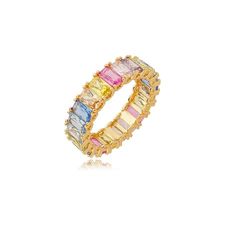 Anel dourado cravejado de zirconia rainbow banho em ouro 18k