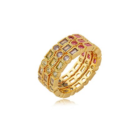 Trio de aneis cravejado de zirconia rainbow banho em ouro 18k