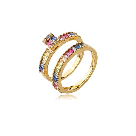 Dupla de aneis cravejado de zirconia rainbow banho em ouro 18k