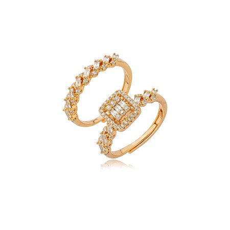 Dupla de aneis cravejado de zirconia cristal banho em ouro 18k