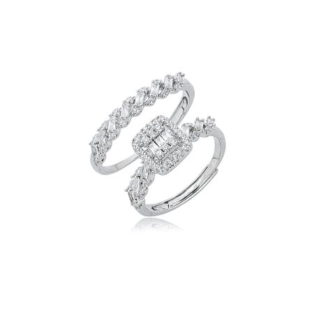 Dupla de aneis cravejado de zirconia cristal banho em rodio branco