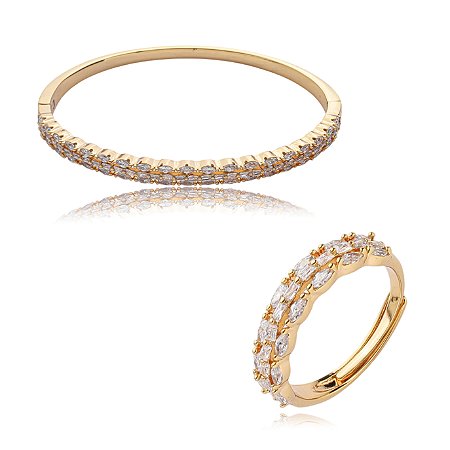 Conjunto de anel e bracelete cravejado de zirconia cristal banho em ouro 18k