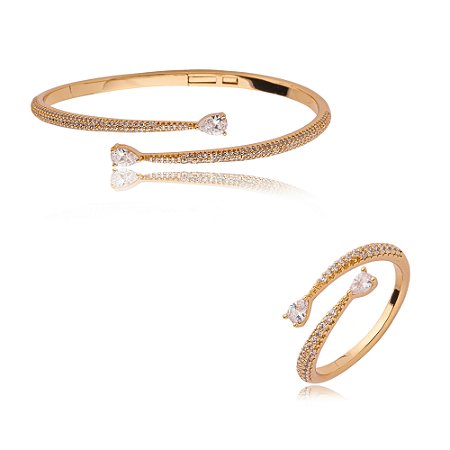 Conjunto de anel e bracelete cravejado de zirconia cristal banho em ouro 18k
