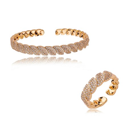Conjunto de anel e bracelete cravejado de zirconia cristal banho em ouro 18k