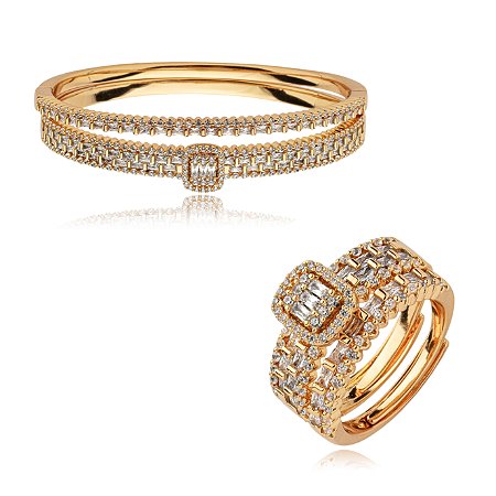 Conjunto de anel e bracelete cravejado de zirconia cristal banho em ouro 18k