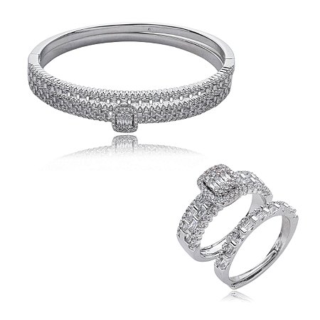 Conjunto de anel e bracelete cravejado de zirconia cristal banho em rodio branco