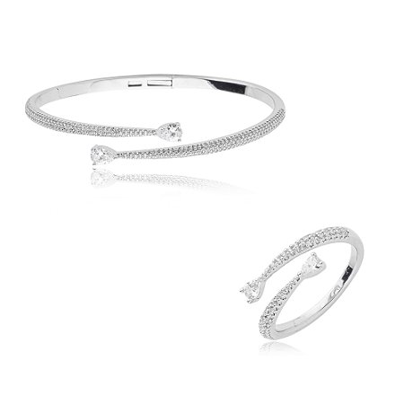 Conjunto de anel e bracelete cravejado de zirconia cristal banho em rodio branco