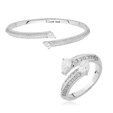 Conjunto de anel e bracelete cravejado de zirconia cristal banho em rodio branco