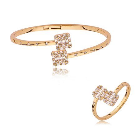 Conjunto de anel e bracelete cravejado de zirconia cristal banho em ouro 18k