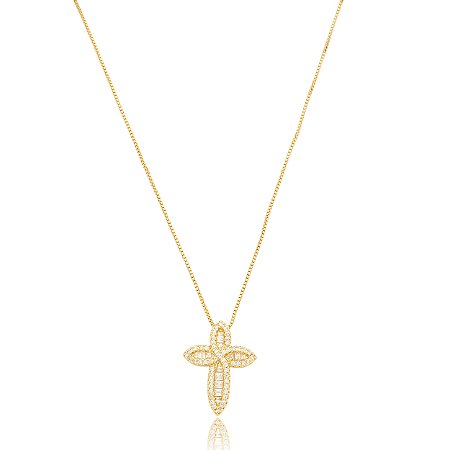 Colar com pingente cravejado de zirconia cristal banho em ouro 18k