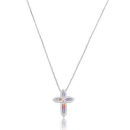 Colar com pingente cravejado de zirconia colorida banho em rodio branco