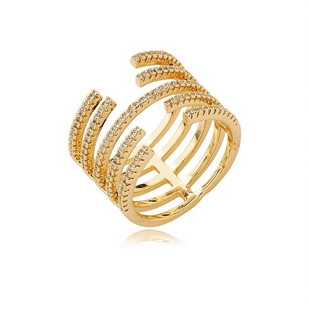 Anel dourado cravejado de zirconia cristal banho em ouro 18k